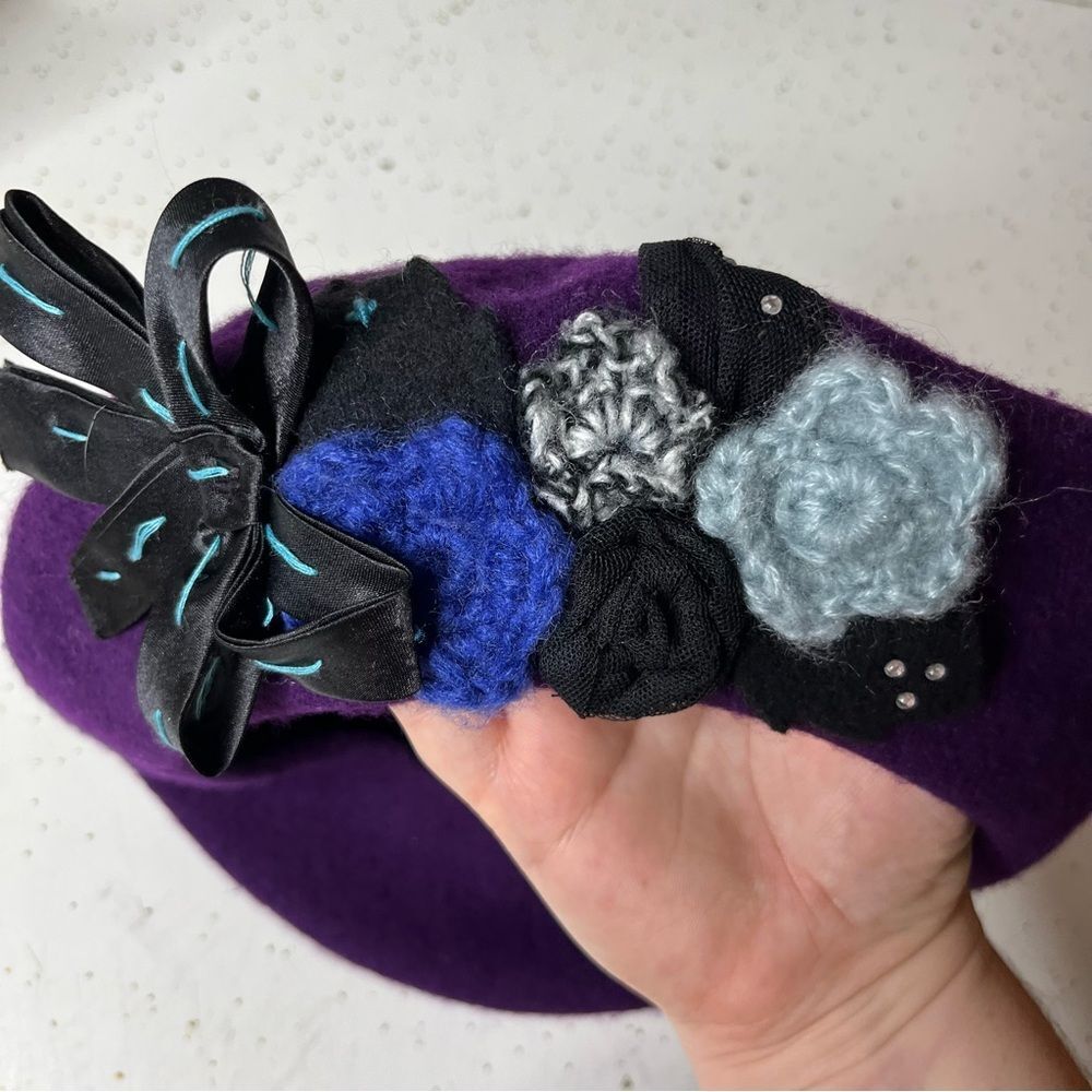 Alessandra Bacci Firenze Purple Women’s Wool Beret Floral Ribbon Detail Vintage - Picture 5 of 6